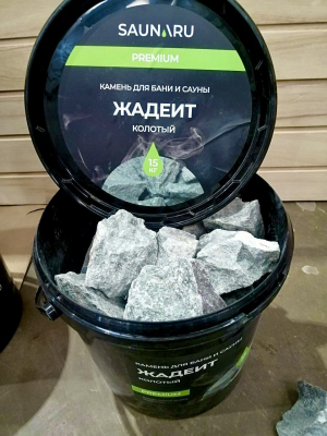 SAUNARU Камни для сауны Жадеит колотый PREMIUM, фракция до 100 мм, ведро 15 кг, артикул SSB15-JC