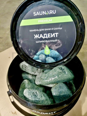 SAUNARU Камни для сауны Жадеит шлифованный PREMIUM, фракция до 100 мм, ведро 15 кг, артикул SSB15-JP
